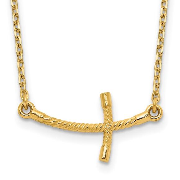 Kazi Luxury 14k Yellow Gold Small Sideways Curved Twist Cross Necklace